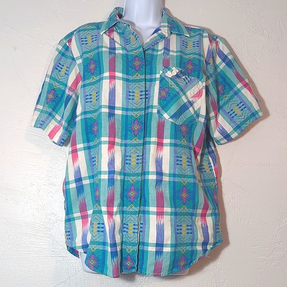 Vintage 90s Colorful Plaid Button Up Top Southwest Funky Artsy Eclectic Tribal